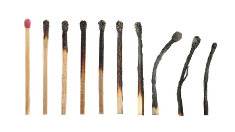 Image of Matches on white background, collage with stages from whole to completely burnt