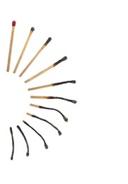 Image of Matches on white background, collage with stages from whole to completely burnt
