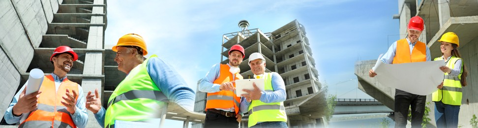 Image of Engineers in safety equipment at construction site, multiple exposure. Banner design