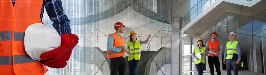 Image of Engineers in safety equipment at construction site, multiple exposure. Banner design
