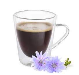 Image of Chicory drink in glass cup and flowers isolated on white