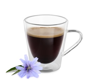 Image of Chicory drink in glass cup and flower isolated on white