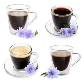 Image of Chicory drink in glass cups and flowers isolated on white, set