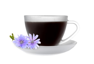 Image of Chicory drink in glass cup and flowers isolated on white