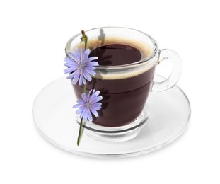 Image of Chicory drink in glass cup and flowers isolated on white