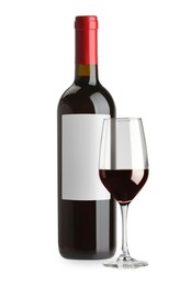 Image of Luxurious red wine in bottle with blank label and glass isolated on white
