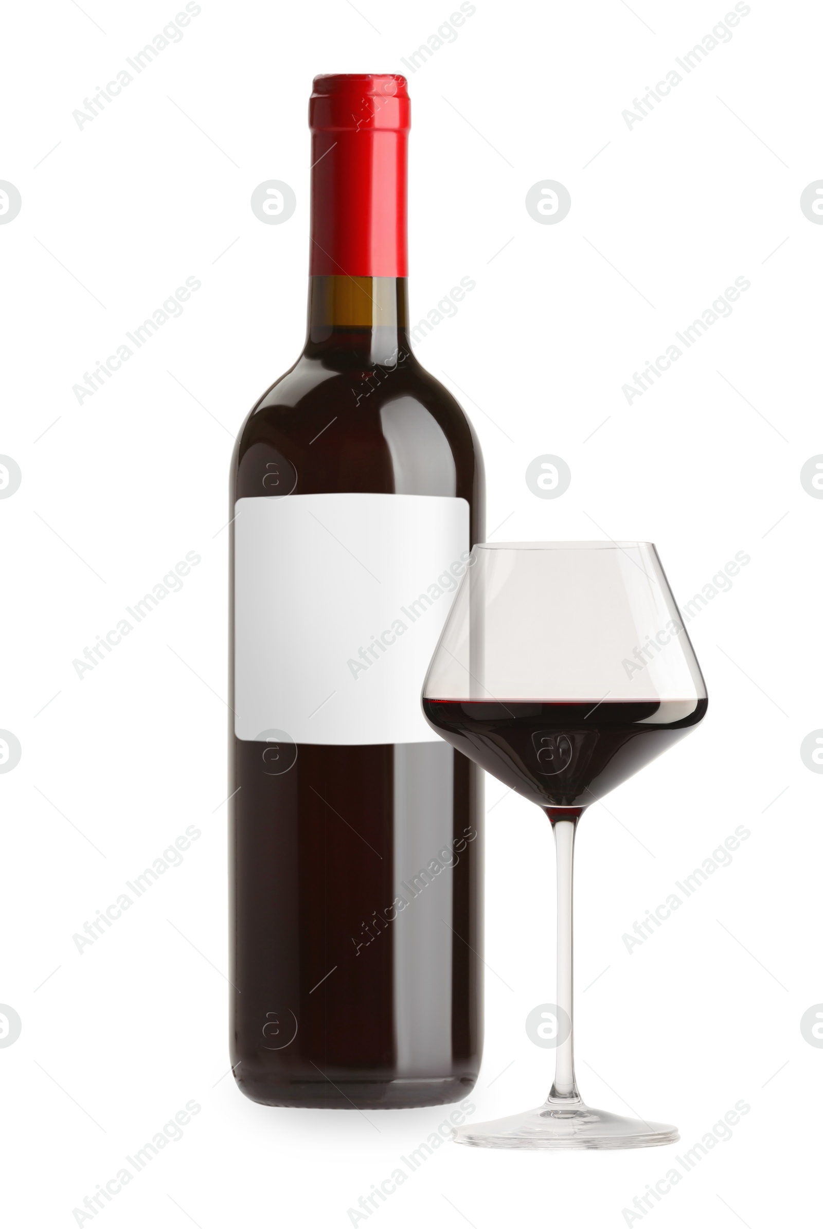 Image of Luxurious red wine in bottle with blank label and glass isolated on white