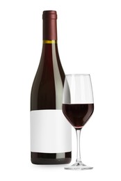 Image of Luxurious red wine in bottle with blank label and glass isolated on white