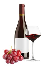 Image of Luxurious red wine in bottle with blank label, glass and grapes isolated on white