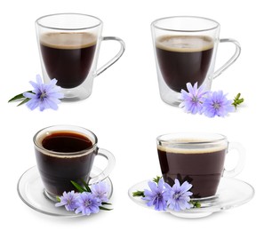 Image of Chicory drink in glass cups and flowers isolated on white, set
