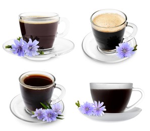 Image of Chicory drink in glass cups and flowers isolated on white, set