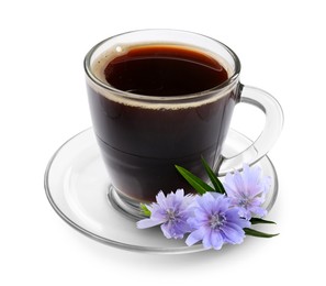 Image of Chicory drink in glass cup and flowers isolated on white