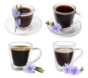 Image of Chicory drink in glass cups and flowers isolated on white, set