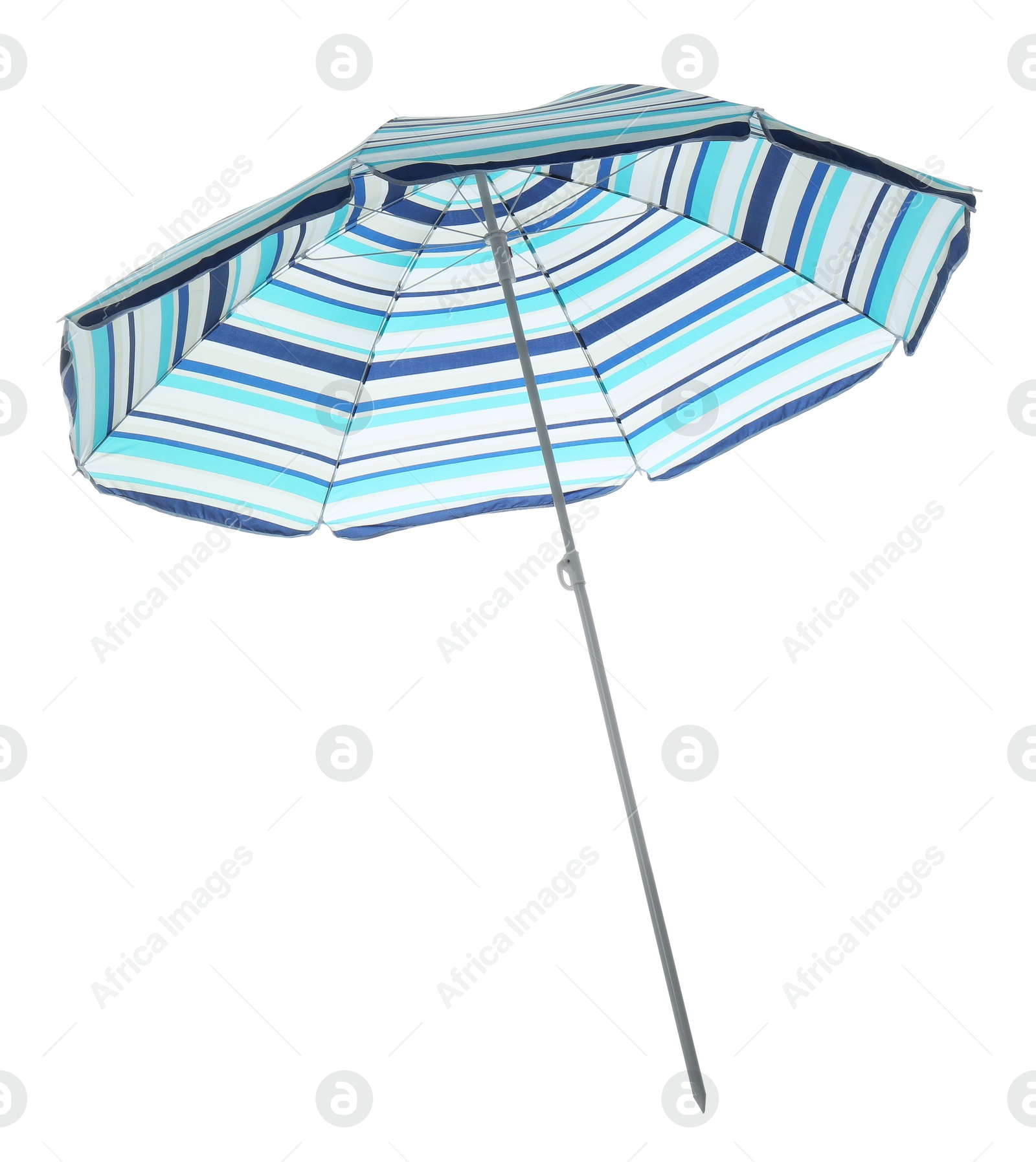 Open blue striped beach umbrella isolated on white Photo of Open blue striped beach umbrella isolated on white