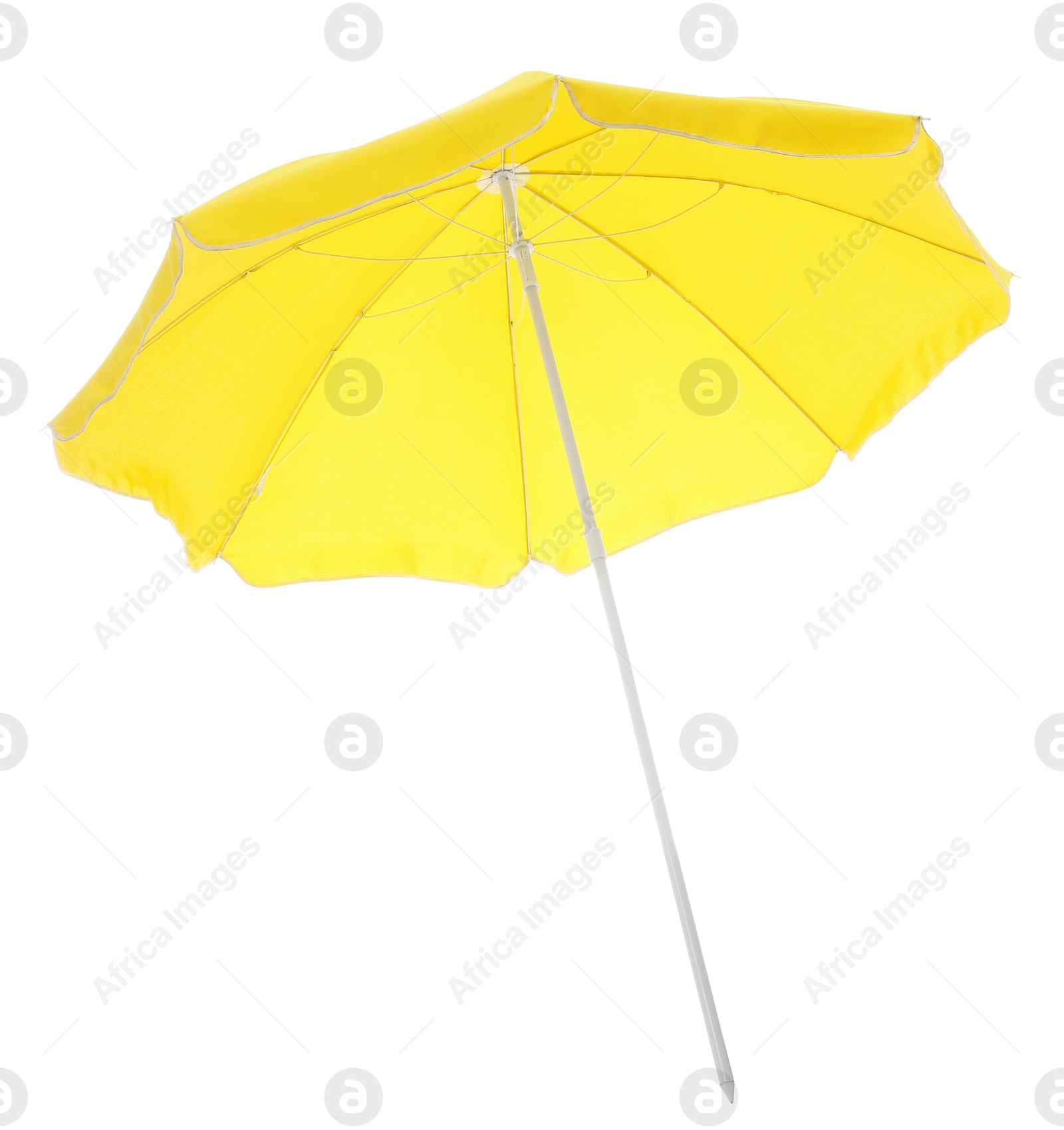 Open yellow beach umbrella isolated on white Photo of Open yellow beach umbrella isolated on white
