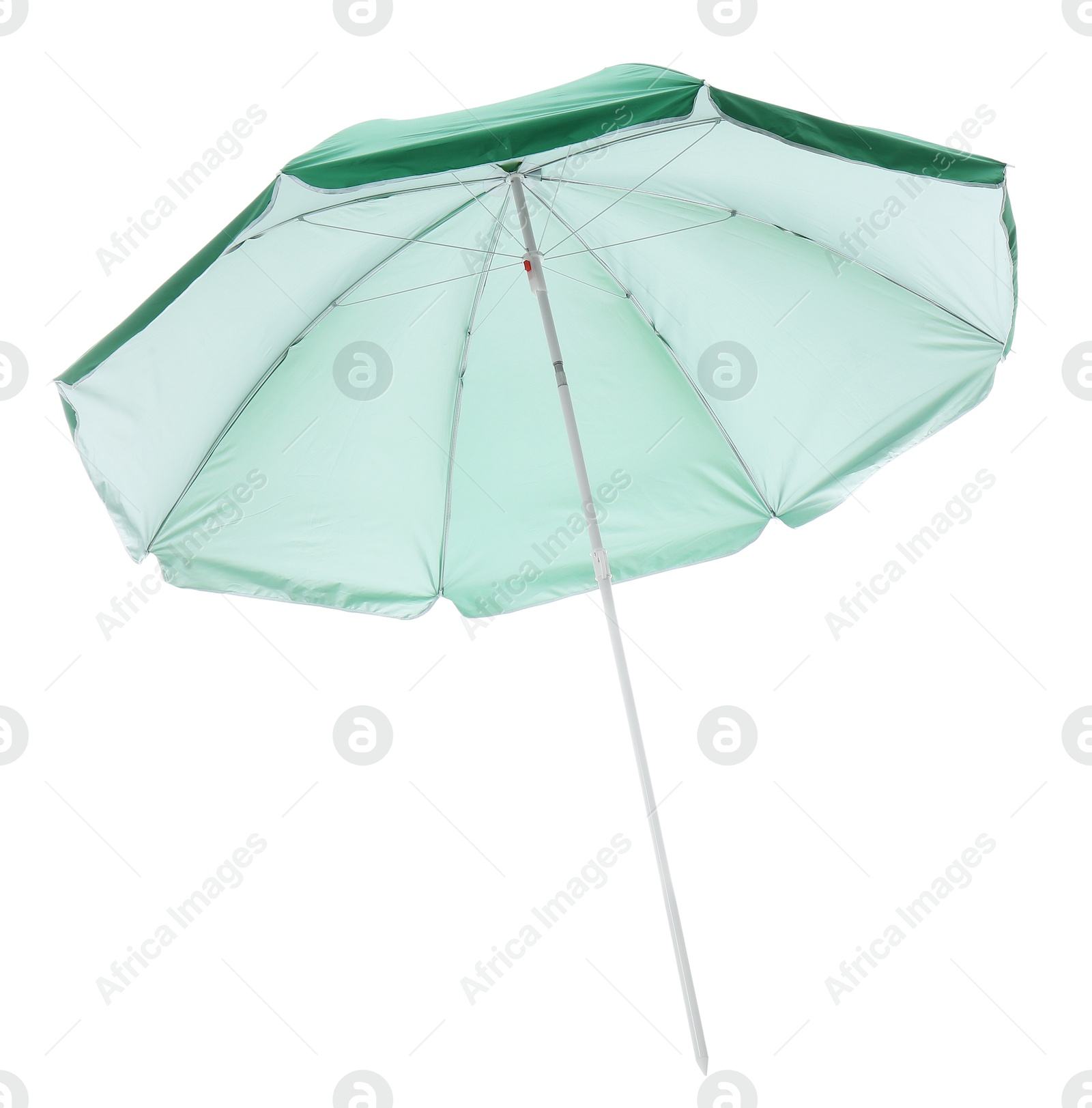 Open green beach umbrella isolated on white Photo of Open green beach umbrella isolated on white