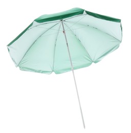 Photo of Open green beach umbrella isolated on white