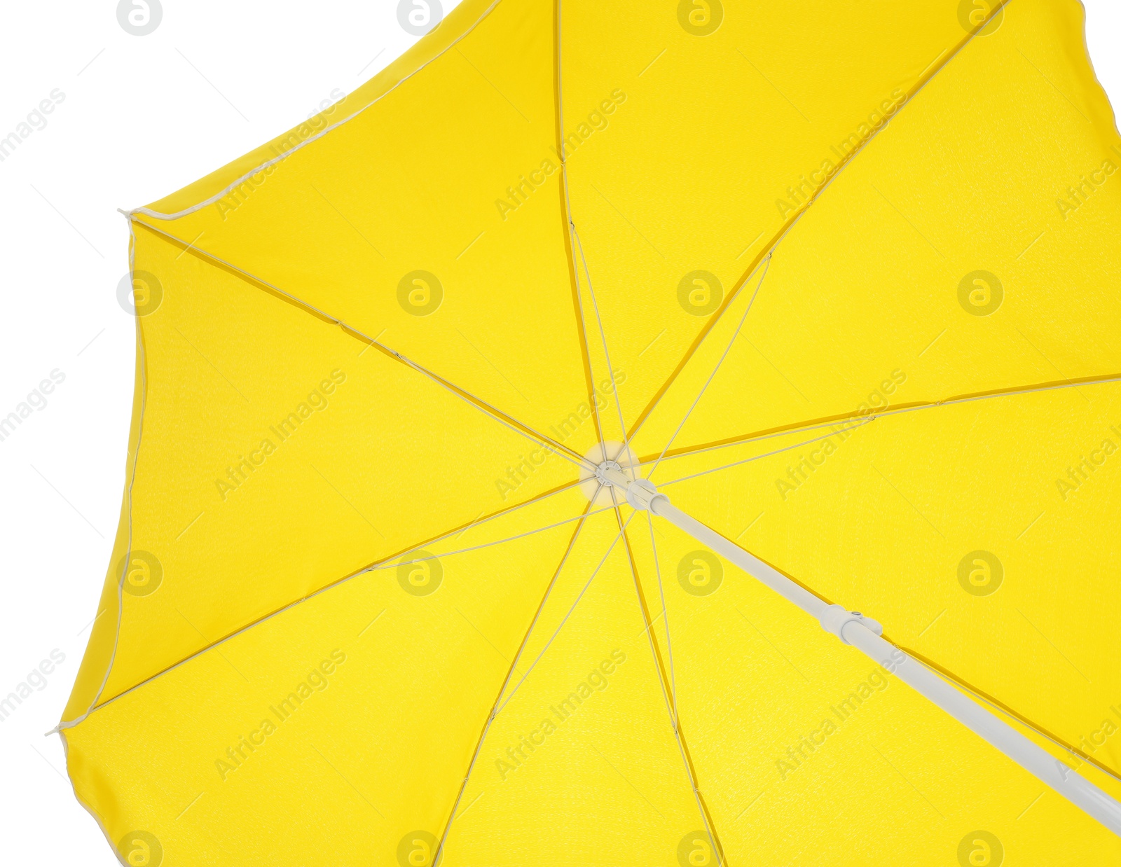 Open yellow beach umbrella isolated on white. Inner side Photo of Open yellow beach umbrella isolated on white. Inner side