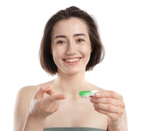 Photo of Woman with contact lens and case on white background