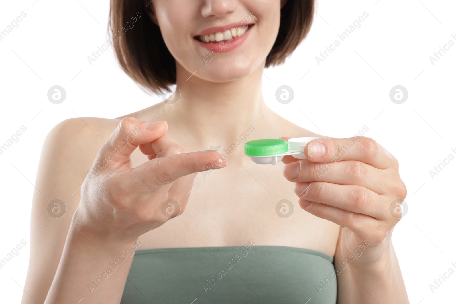 Woman with contact lens and case on white background, closeup Photo of Woman with contact lens and case on white background, closeup