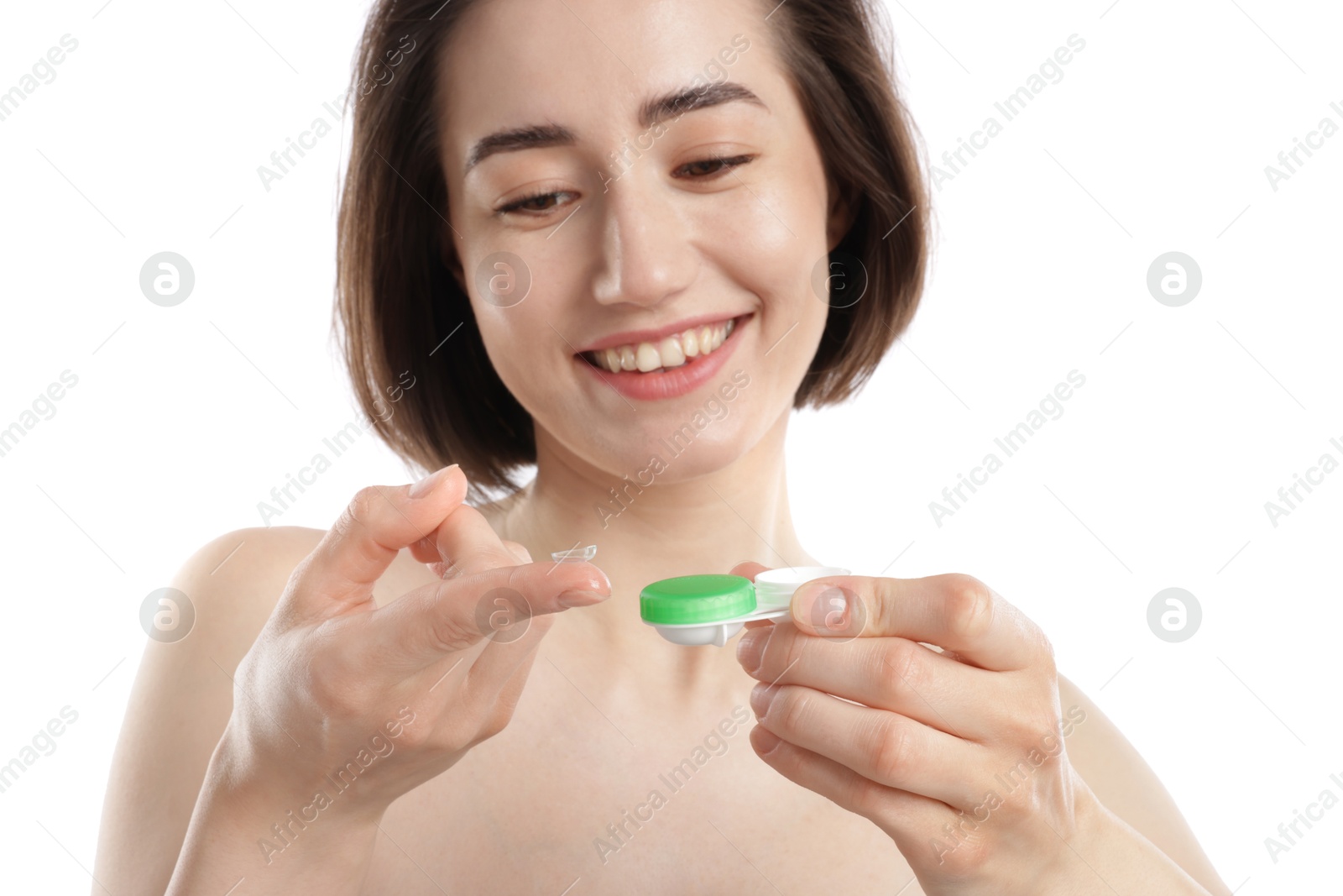 Woman with contact lens and case on white background, closeup Photo of Woman with contact lens and case on white background, closeup