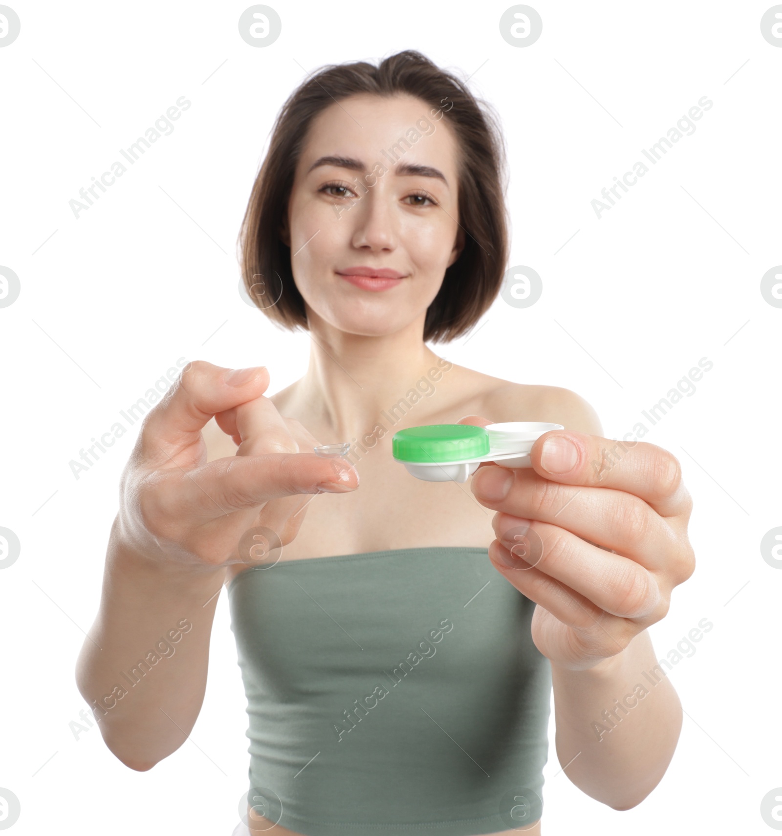 Woman with contact lens and case on white background Photo of Woman with contact lens and case on white background