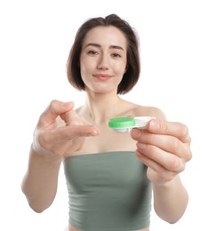 Photo of Woman with contact lens and case on white background