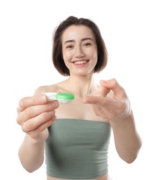 Photo of Woman with contact lens and case on white background