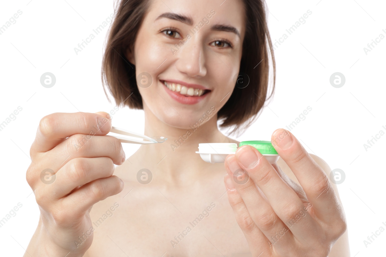 Woman with contact lens and case on white background, selective focus Photo of Woman with contact lens and case on white background, selective focus