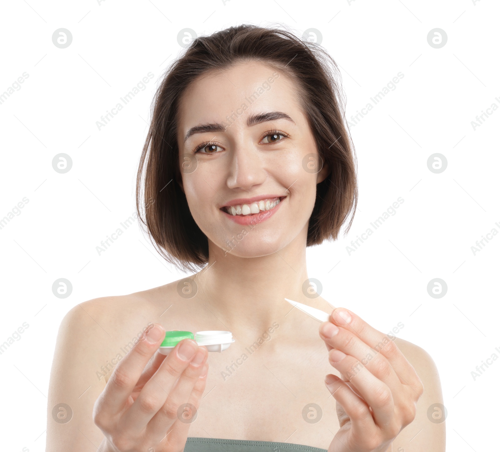 Woman with contact lens and case on white background Photo of Woman with contact lens and case on white background
