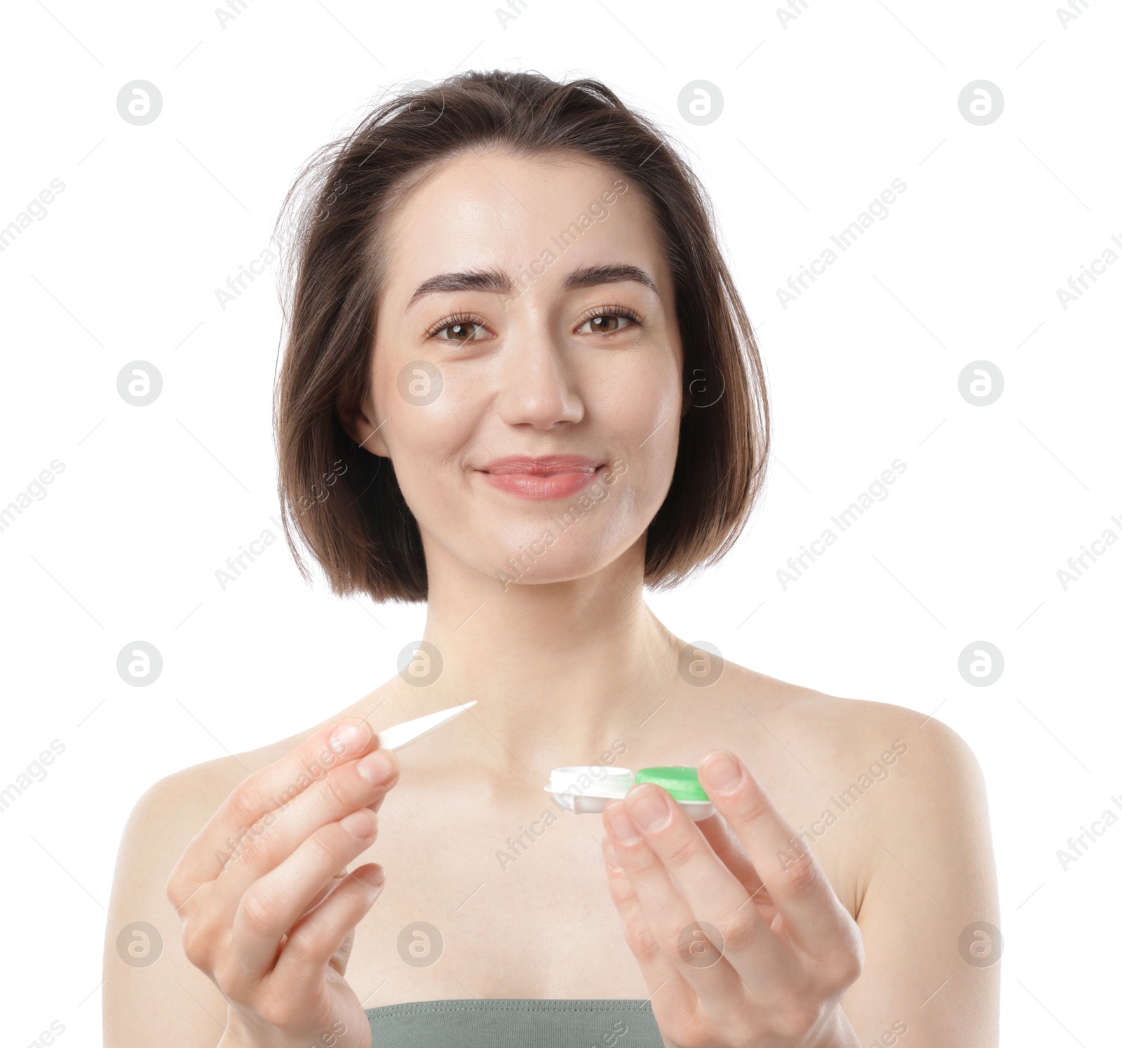 Woman with contact lens and case on white background Photo of Woman with contact lens and case on white background
