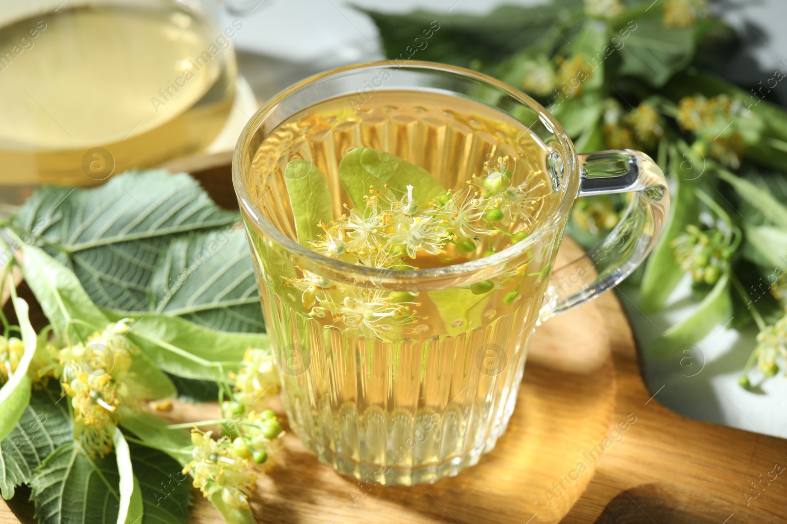 Tasty linden tea in cup, leaves and flowers on light table, closeup Photo of Tasty linden tea in cup, leaves and flowers on light table, closeup