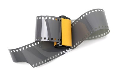 Photo of Roll of photographic film isolated on white, top view