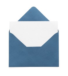 Photo of Blank invitation card and envelope isolated on white, top view. Space for design