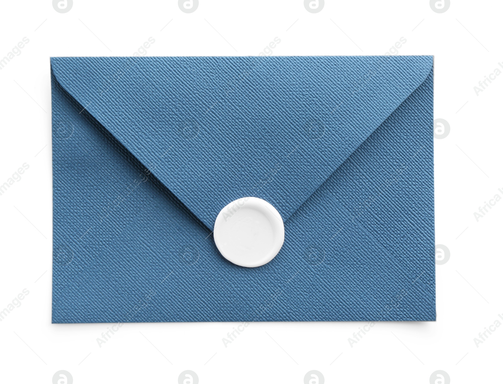 Beautiful invitation envelope with wax seal isolated on white, top view Photo of Beautiful invitation envelope with wax seal isolated on white, top view
