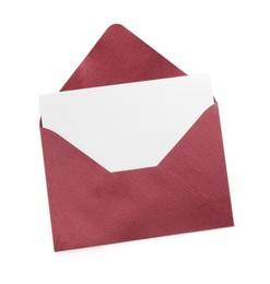 Photo of Blank invitation card and envelope isolated on white, top view. Space for design