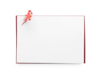 Photo of Blank invitation card and envelope with flower isolated on white, top view. Space for design