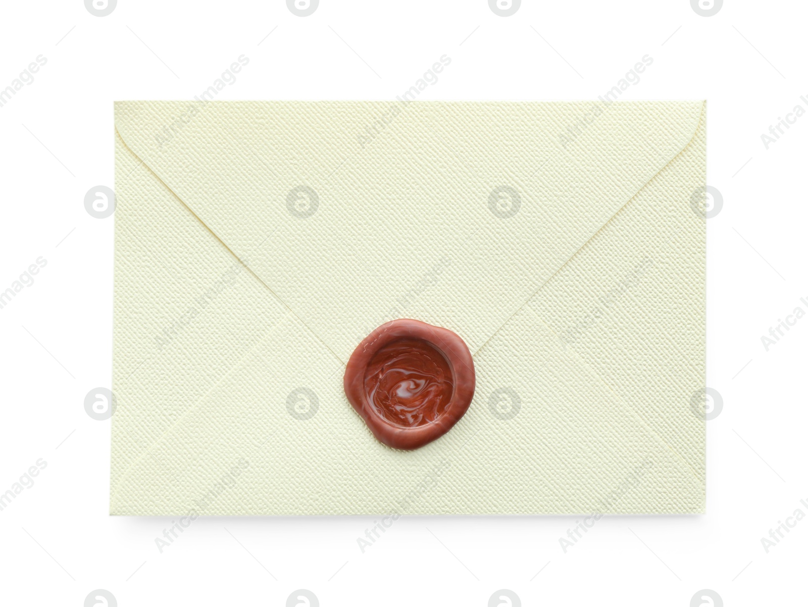 Beautiful invitation envelope with wax seal isolated on white, top view Photo of Beautiful invitation envelope with wax seal isolated on white, top view