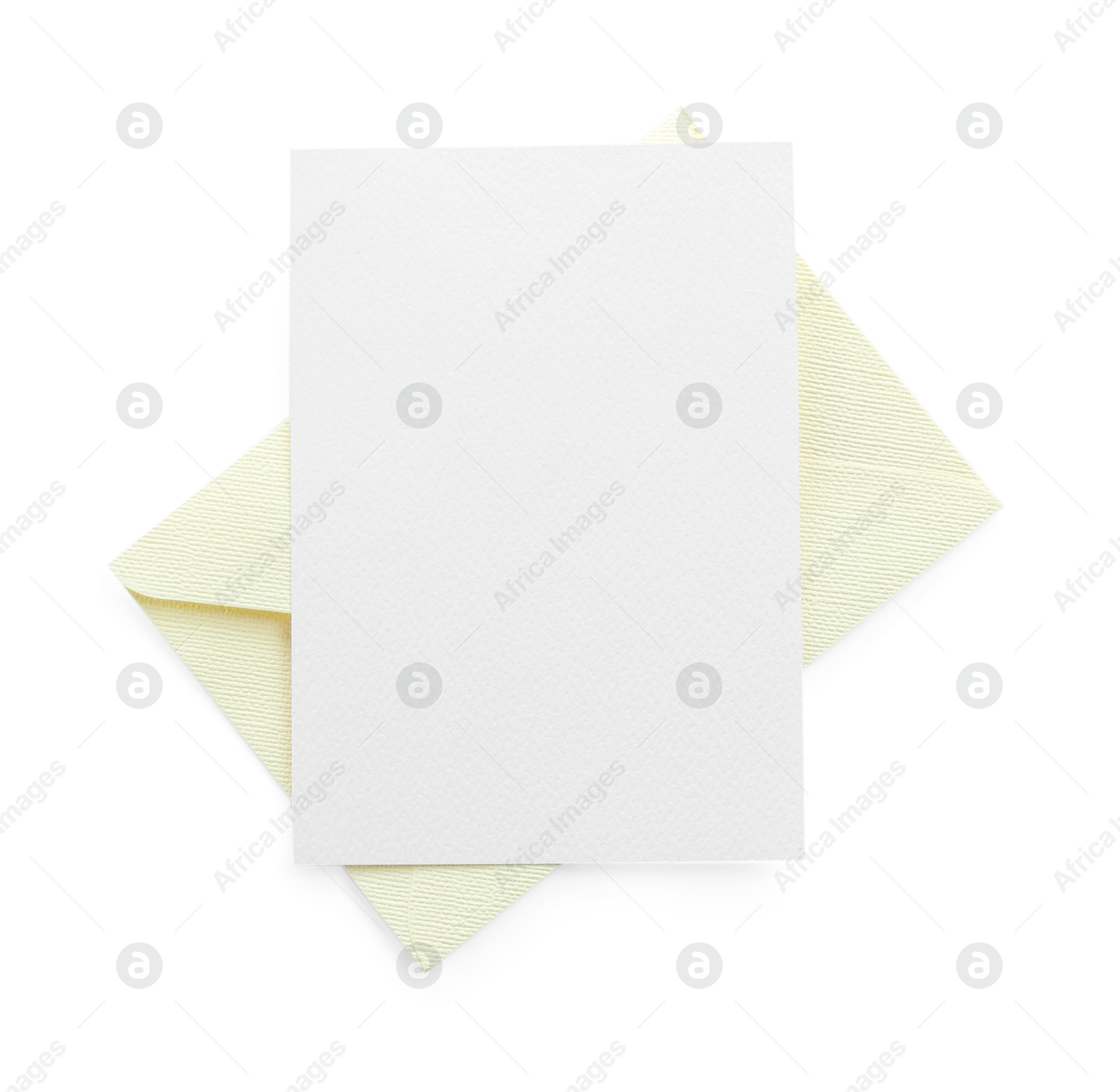 Blank invitation card and envelope isolated on white, top view. Space for design Photo of Blank invitation card and envelope isolated on white, top view. Space for design