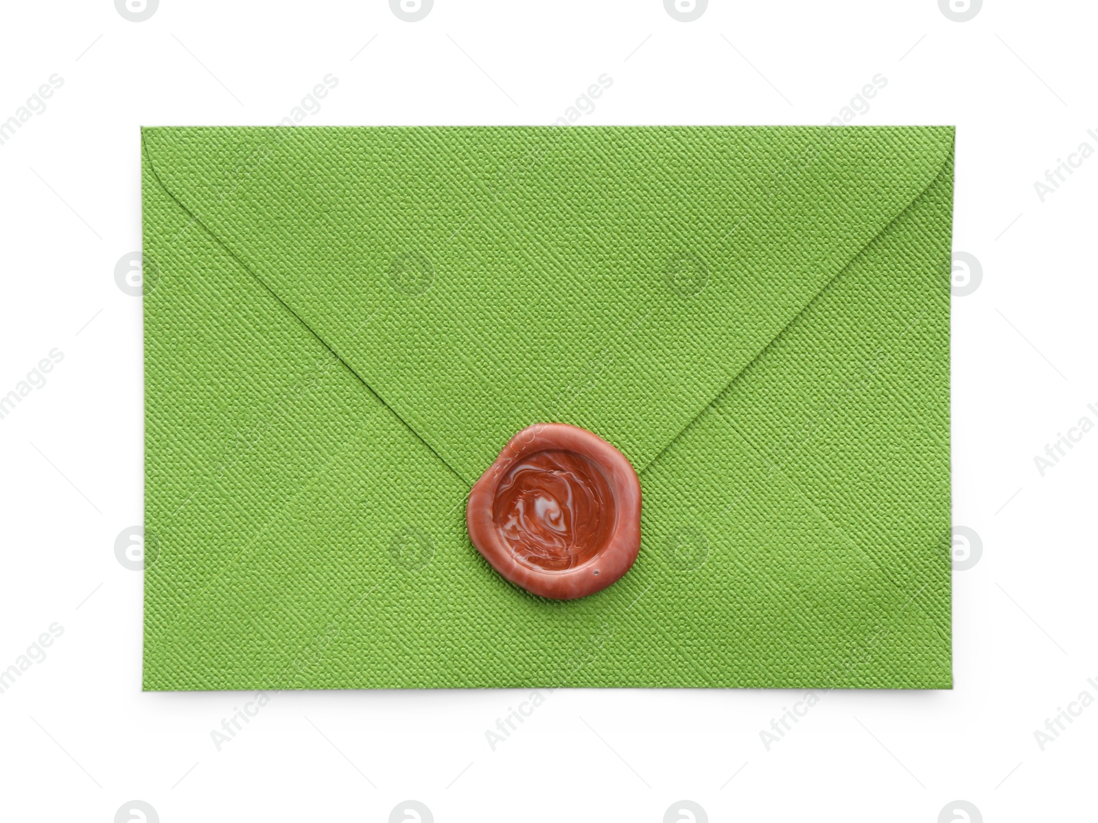 Beautiful invitation envelope with wax seal isolated on white, top view Photo of Beautiful invitation envelope with wax seal isolated on white, top view