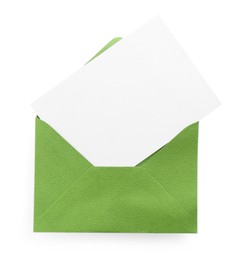 Photo of Blank invitation card and envelope isolated on white, top view. Space for design
