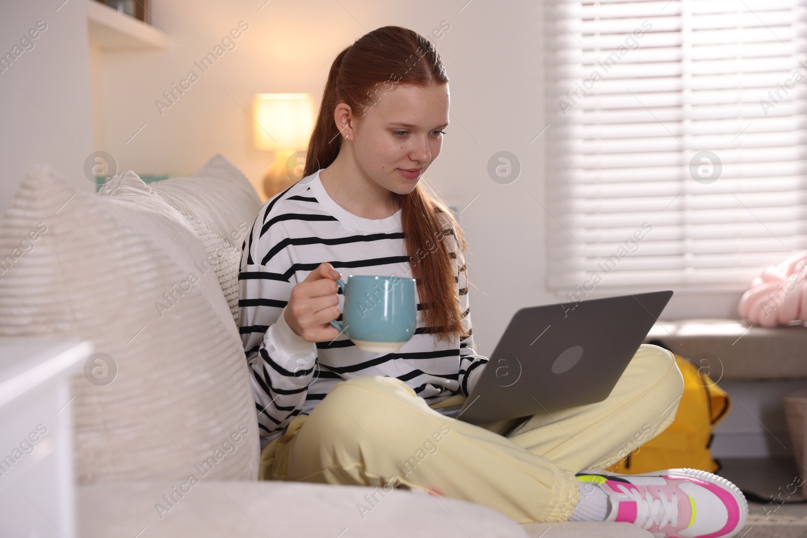 Teenage student with cup of drink using laptop while studying on sofa at home Photo of Teenage student with cup of drink using laptop while studying on sofa at home