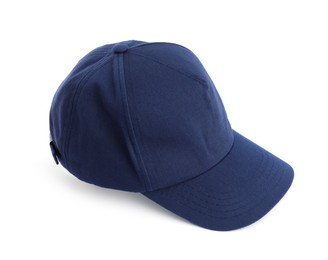 Photo of Dark blue baseball hat isolated on white