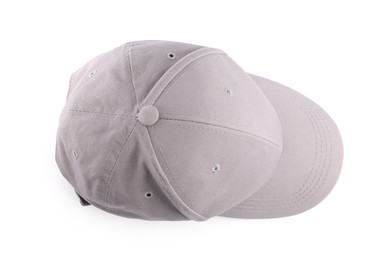 Photo of Light grey baseball hat isolated on white, top view