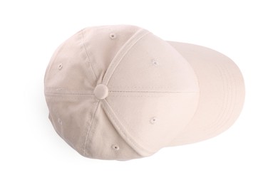 Photo of Beige baseball hat isolated on white, top view