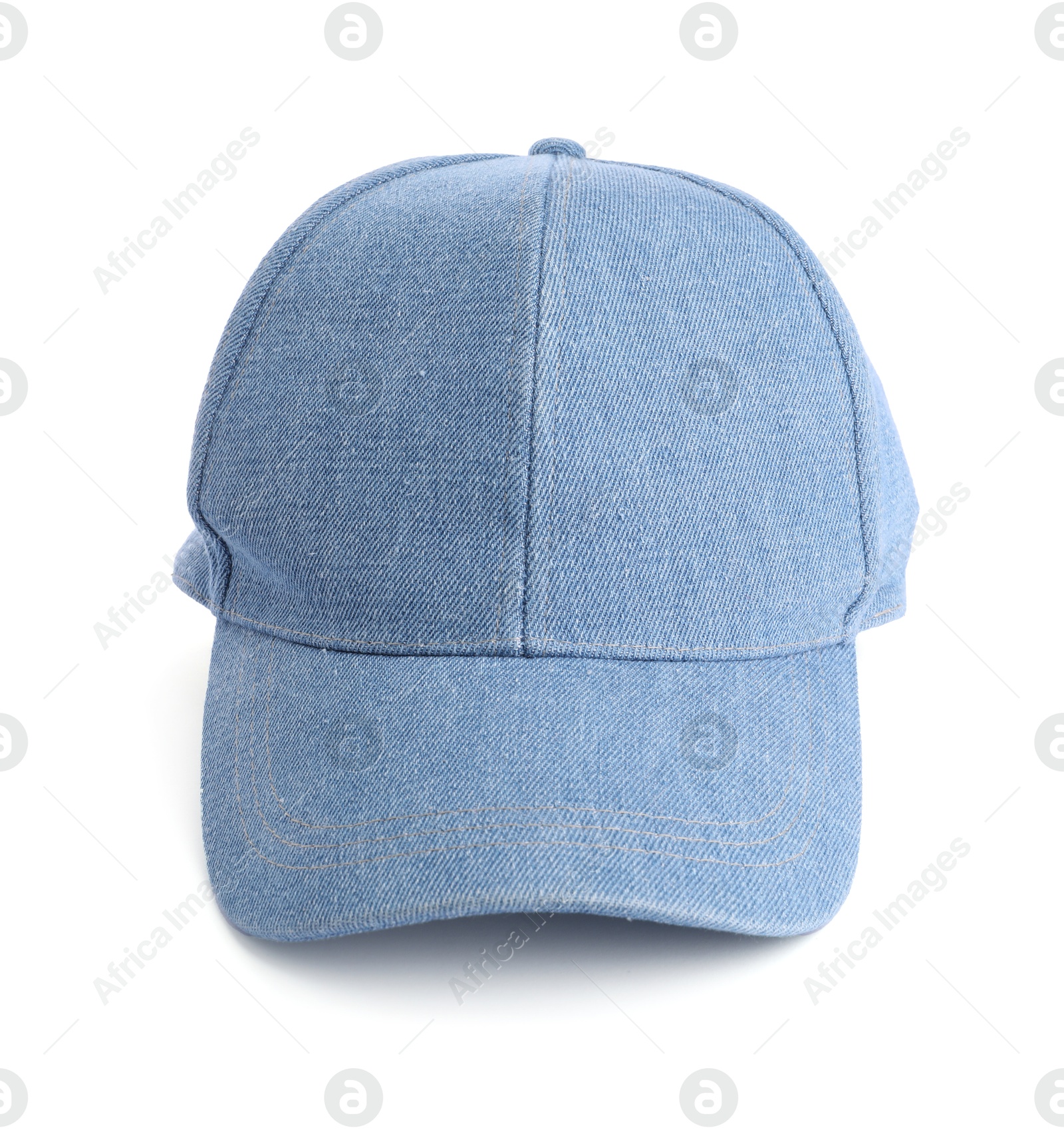 Photo of One denim baseball hat isolated on white