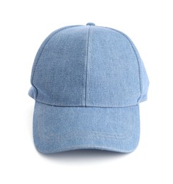 Photo of One denim baseball hat isolated on white