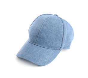Photo of One denim baseball hat isolated on white