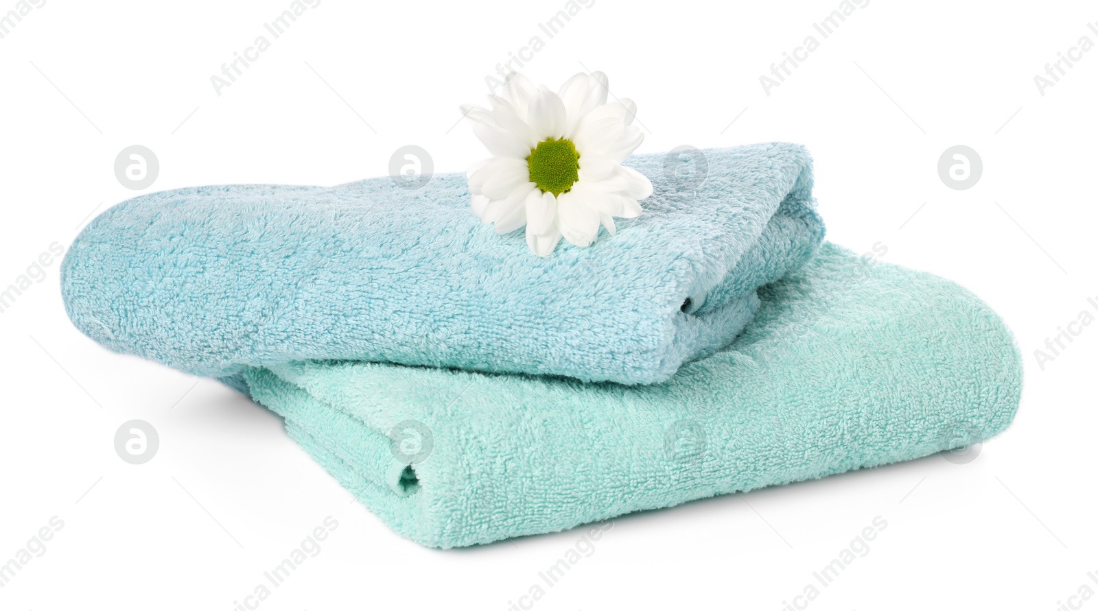 Soft towels and chrysanthemum flower isolated on white Photo of Soft towels and chrysanthemum flower isolated on white