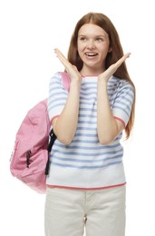 Photo of Emotional teenage girl with backpack on white background